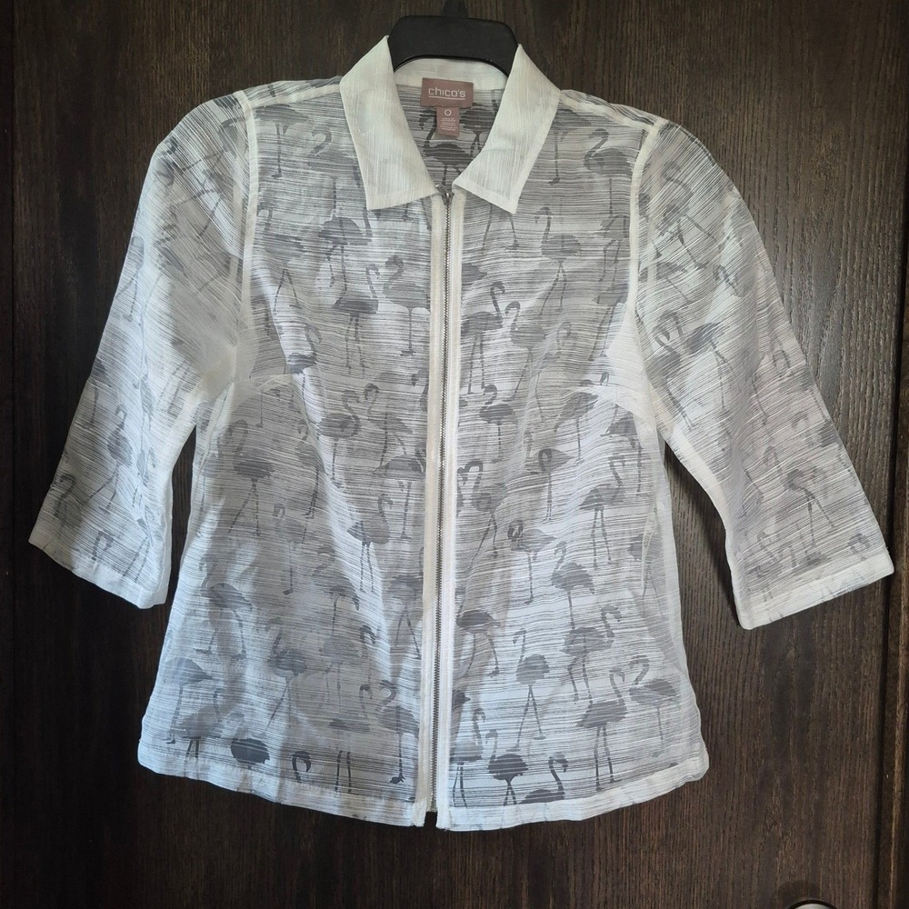 Chicos White Flamingo Print Zip Front Shirt 3/4 Sleeve Textured Top Size 0 S 4